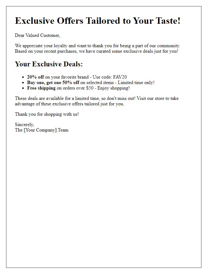 Letter template of exclusive deals inspired by your purchase history