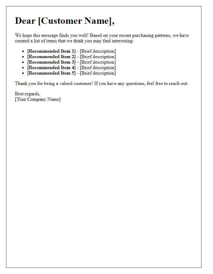 Letter template of recommended items based on your buying patterns