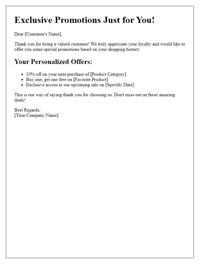 Letter template of special promotions related to your shopping history