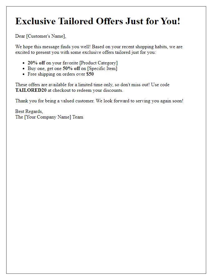 Letter template of tailored offers according to your shopping habits