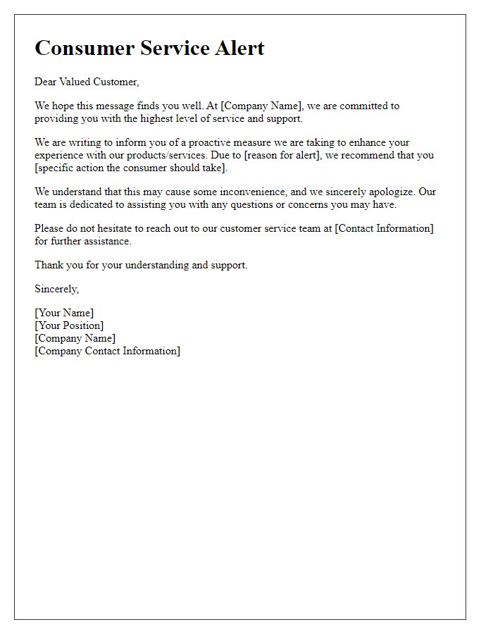 Letter template of proactive consumer service alert