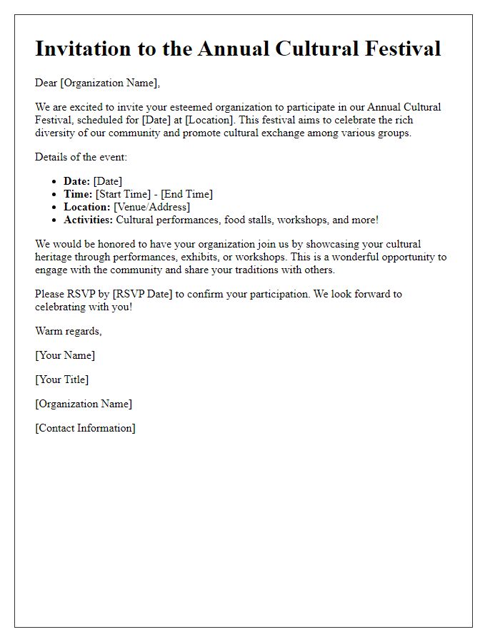 Letter template of cultural festival invitation for community organizations