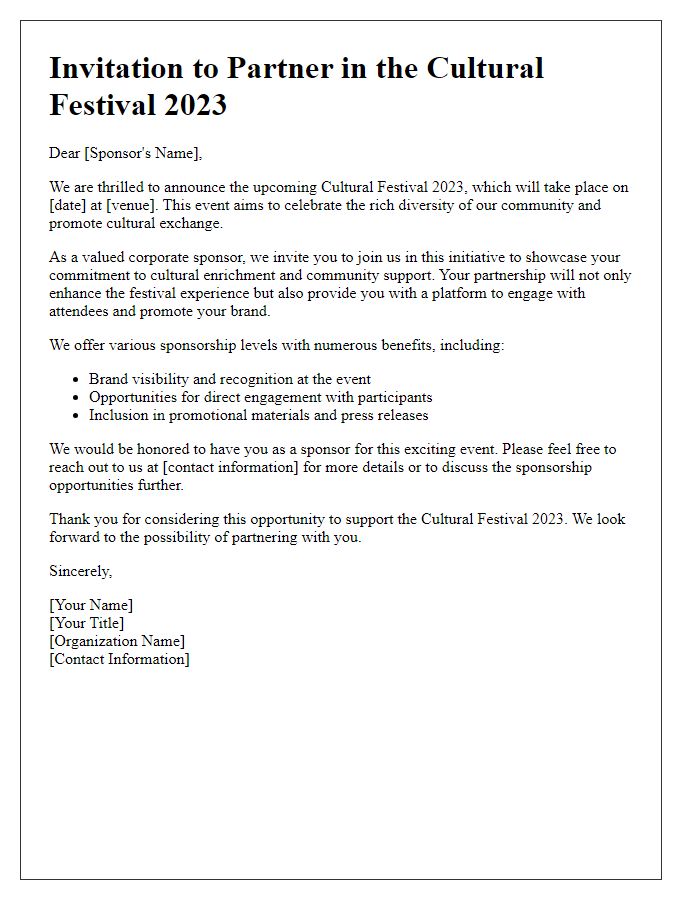 Letter template of cultural festival invitation for corporate sponsors