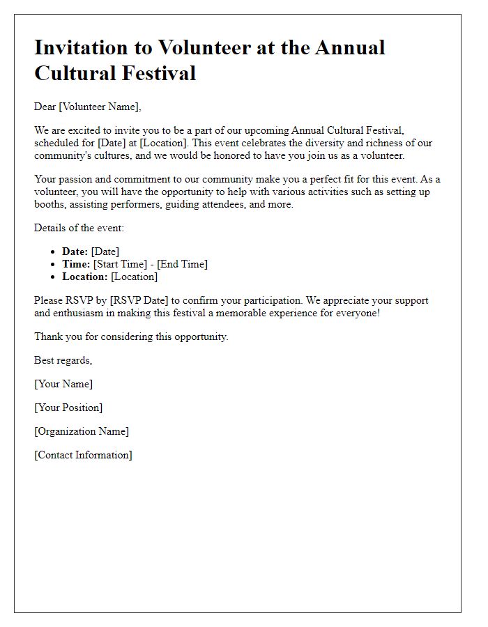 Letter template of cultural festival invitation for volunteers