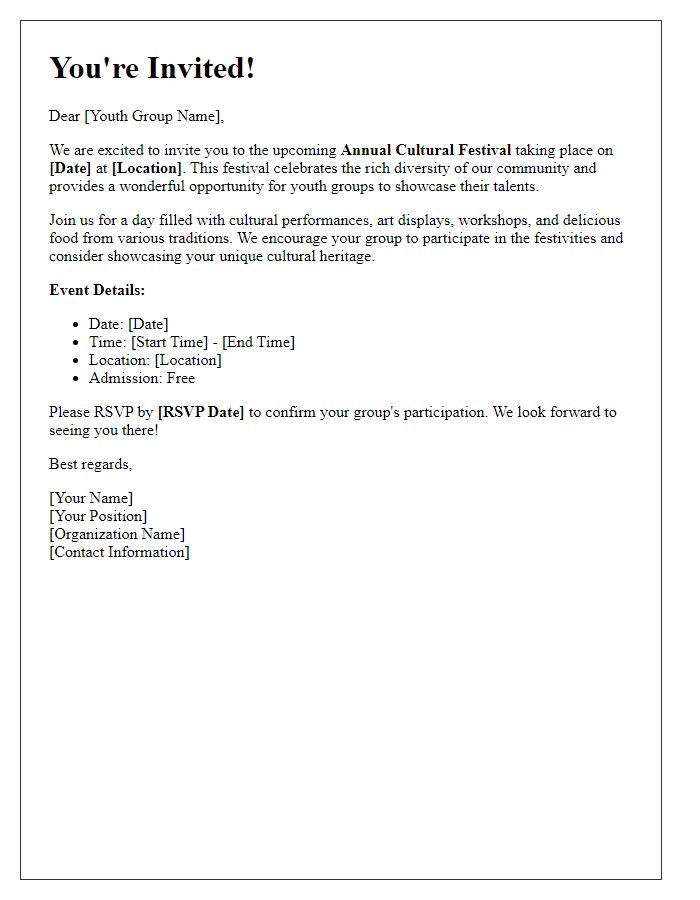 Letter template of cultural festival invitation for youth groups