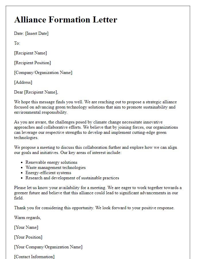 Letter template of alliance formation for green technology implementation