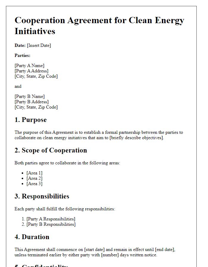 Letter template of cooperation agreement for clean energy initiatives