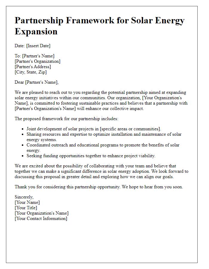 Letter template of partnership framework for solar energy expansion