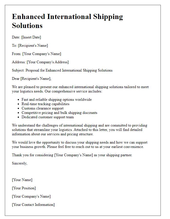 Letter template of enhanced international shipping solutions