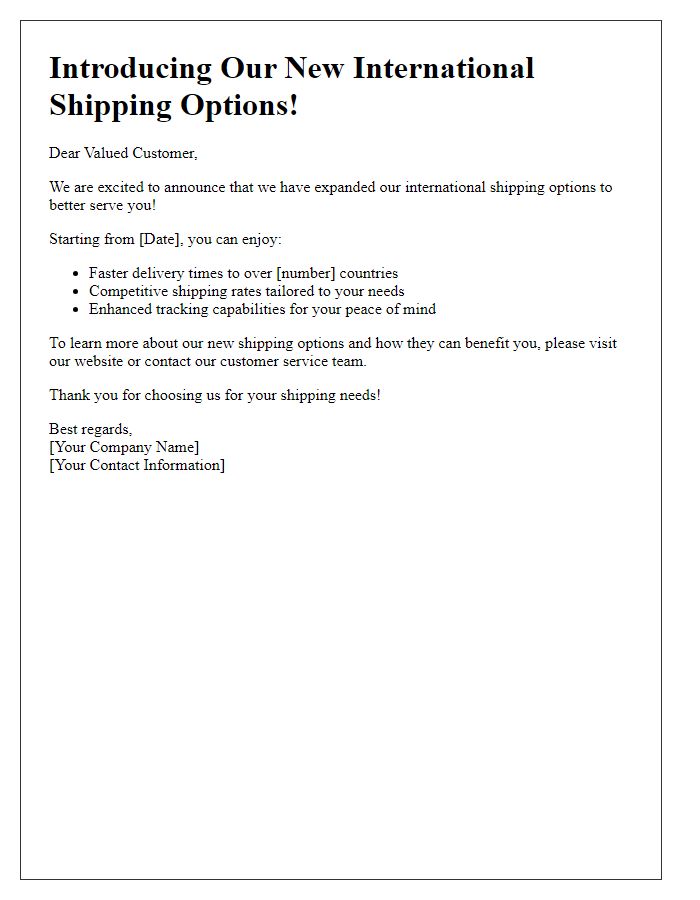 Letter template of new international shipping options introduction