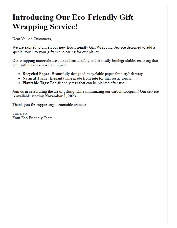 Letter template of eco-friendly gift wrapping service unveiling