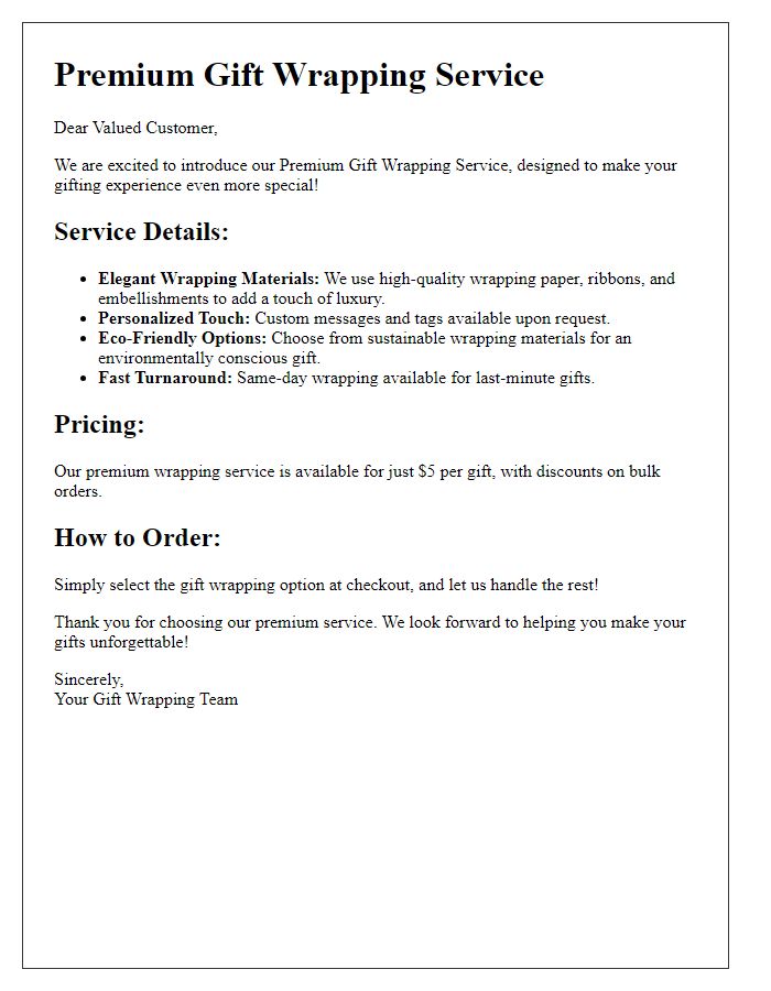 Letter template of premium gift wrapping service details