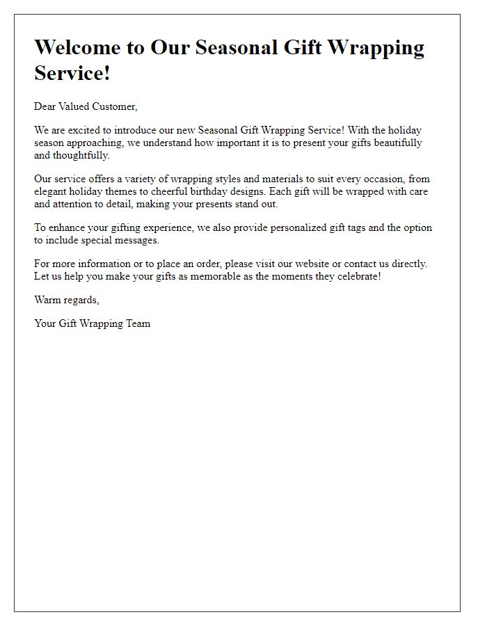 Letter template of seasonal gift wrapping service introduction