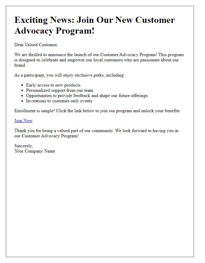 Letter template of announcement for new customer advocacy program enrollment