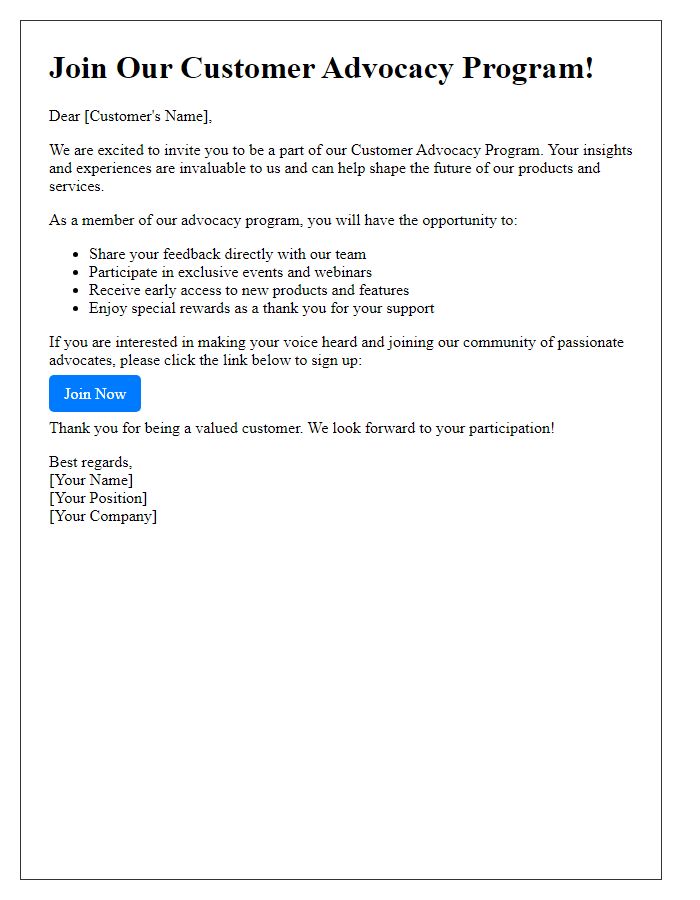 Letter template of call to action for customer advocacy program participation