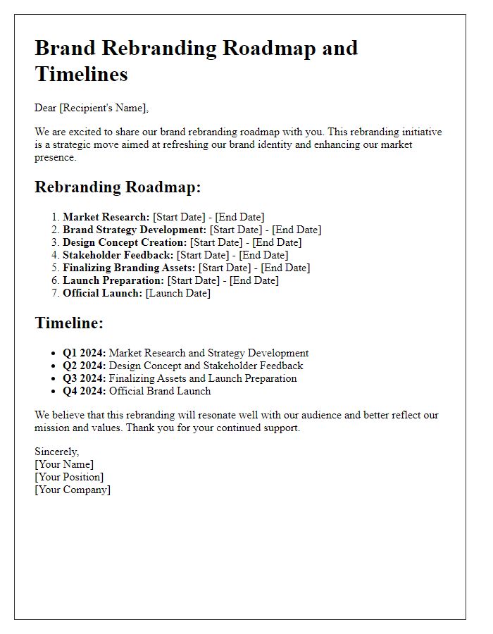 Letter template of brand rebranding roadmap and timelines