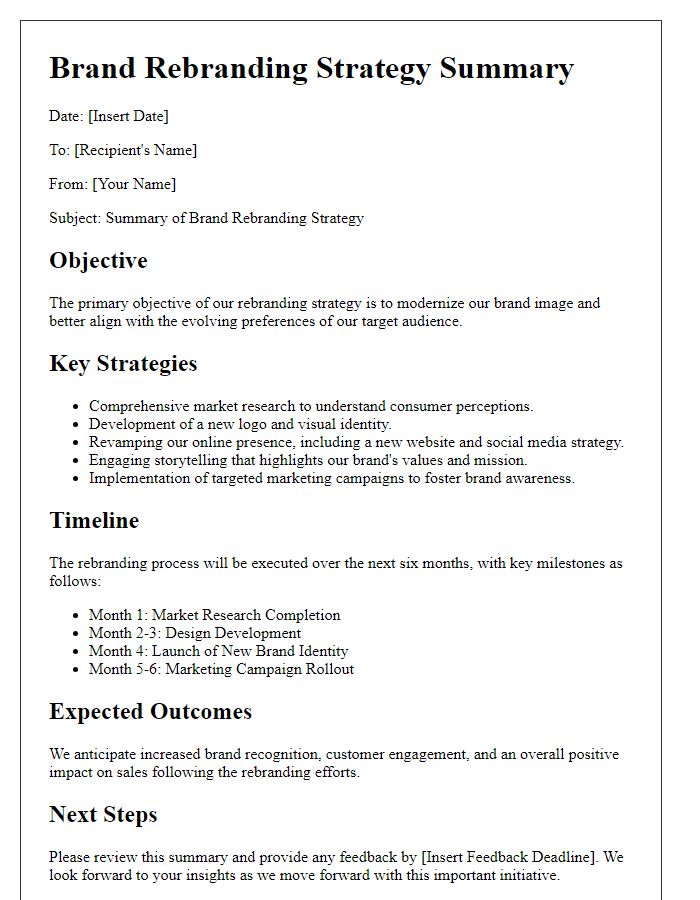 Letter template of concise brand rebranding strategy summary