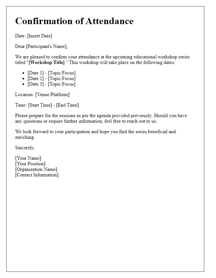 Letter template of confirmation for educational workshop series attendance