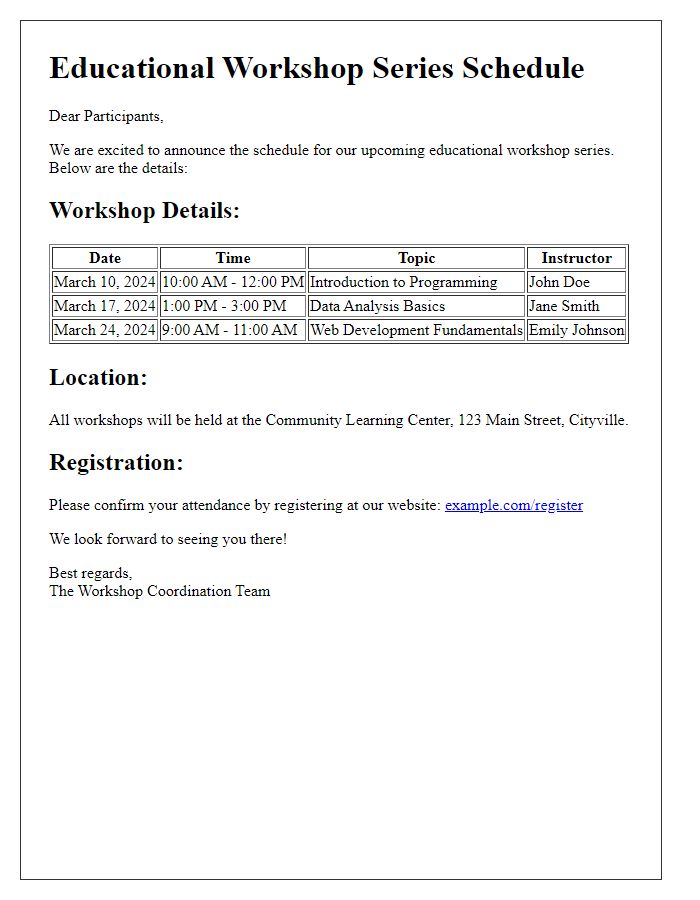 Letter template of schedule details for educational workshop series