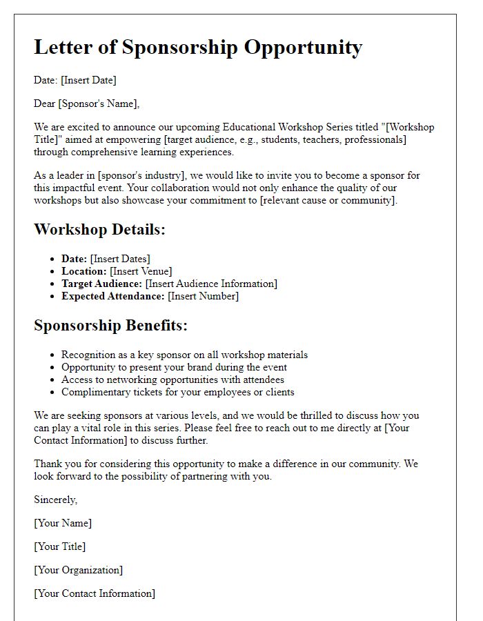 Letter template of sponsorship opportunity for educational workshop series