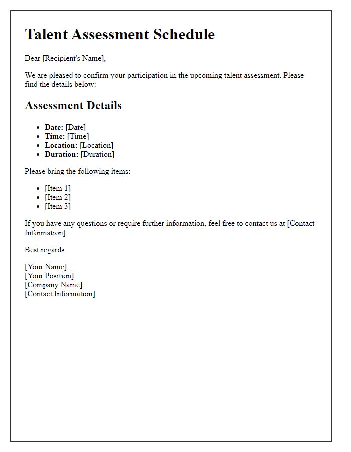 Letter template of talent assessment schedule