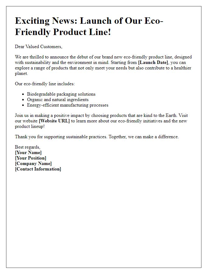 Letter template of announcement for eco-friendly product line debut.