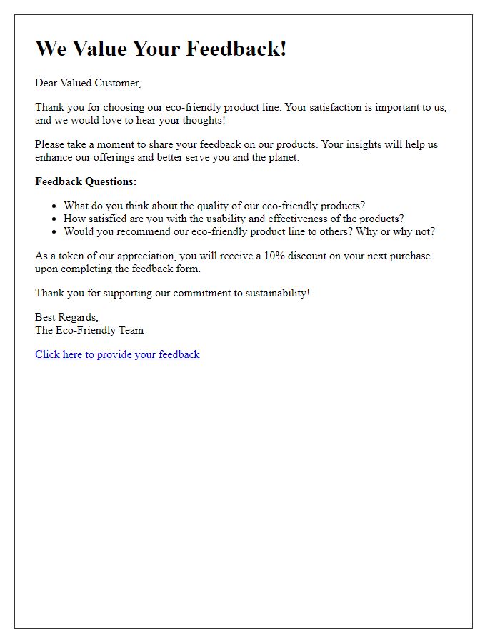 Letter template of customer feedback request for eco-friendly product line.