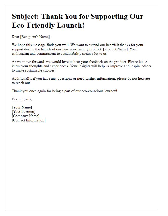 Letter template of follow-up communication after eco-friendly product launch.