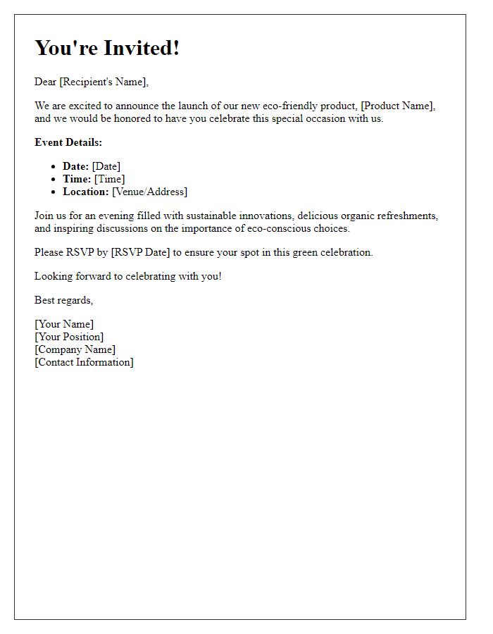 Letter template of invitation to celebrate eco-friendly product release.