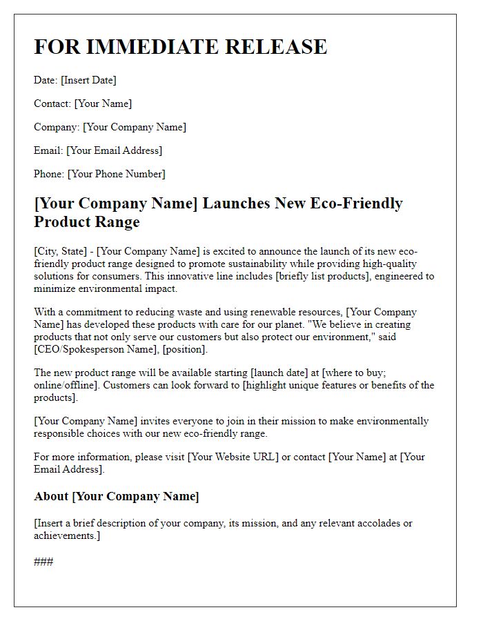 Letter template of press release for new eco-friendly product range.