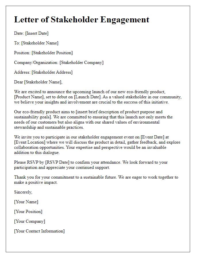 Letter template of stakeholder engagement for eco-friendly product launch.