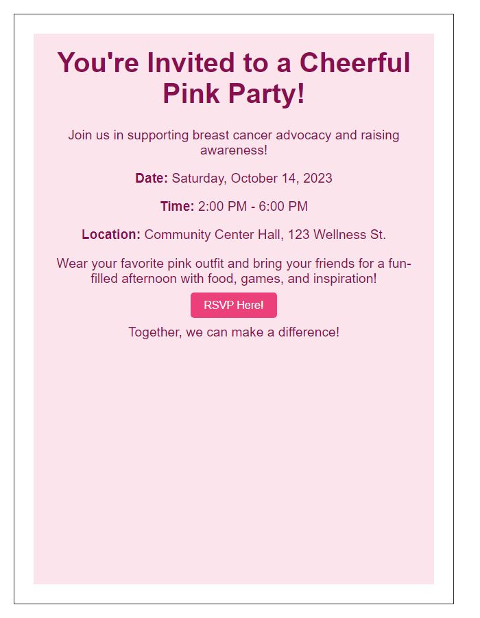 Letter template of cheerful pink party invitation for breast cancer advocacy