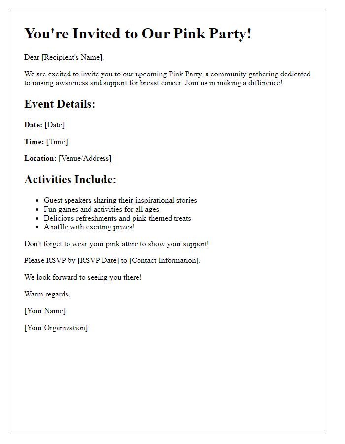 Letter template of community gathering invitation for pink party supporting breast cancer