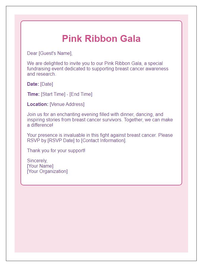 Letter template of pink-themed fundraiser gala for breast cancer