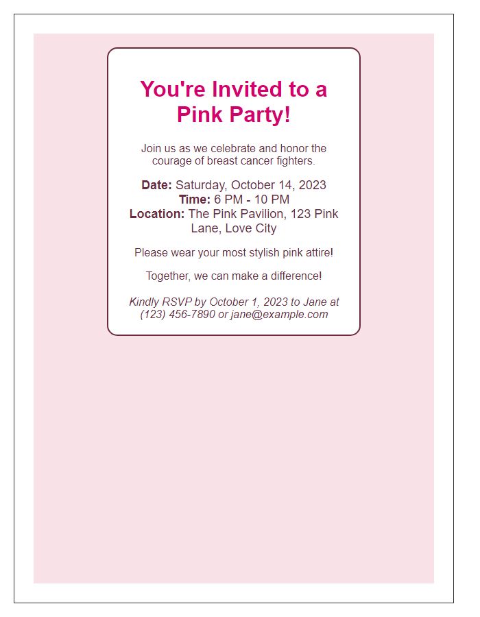 Letter template of stylish invitation to a pink party honoring breast cancer fighters