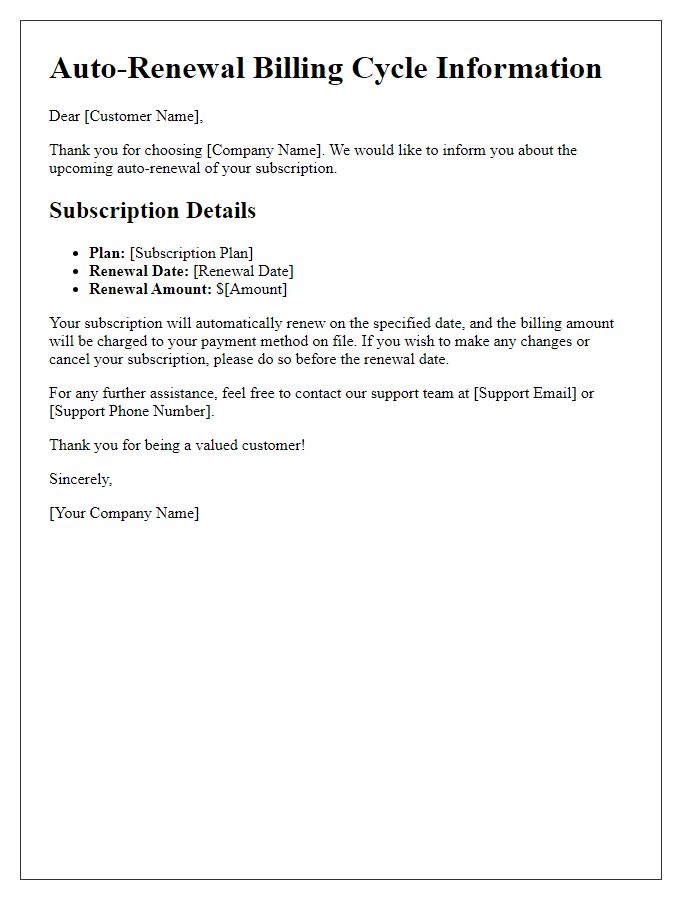 Letter template of auto-renewal billing cycle information