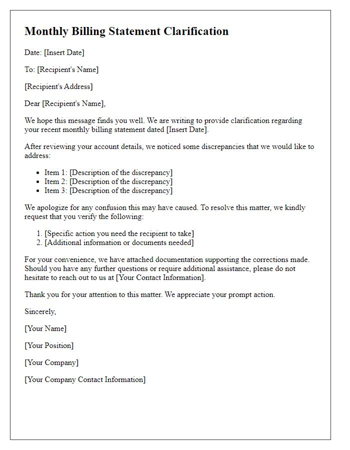 Letter template of monthly billing statement clarification