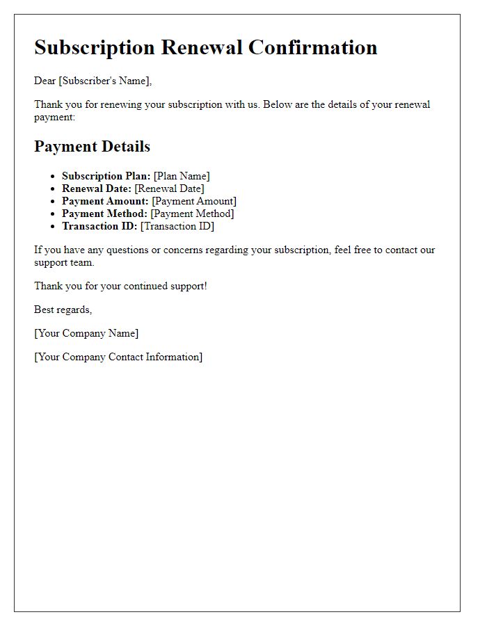 Letter template of subscription renewal payment details