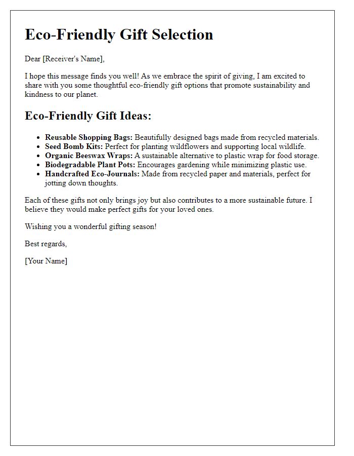 Letter template of eco-friendly gift selections for sustainable giving.