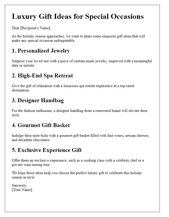 Letter template of luxury gift ideas for special occasions during the holidays.