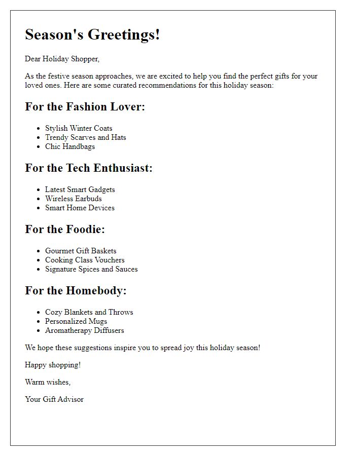 Letter template of seasonal gift recommendations for holiday shoppers.