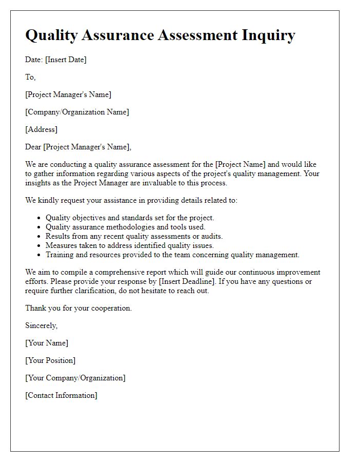 Letter template of quality assurance assessment inquiry for project managers.