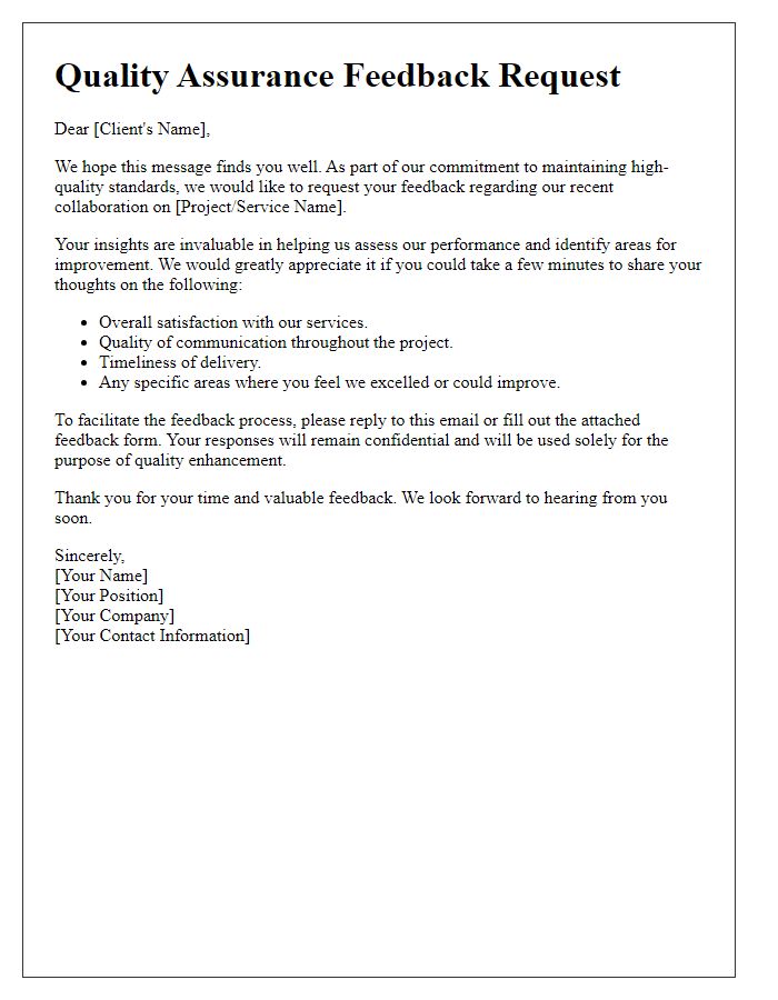 Letter template of quality assurance feedback request for clients.