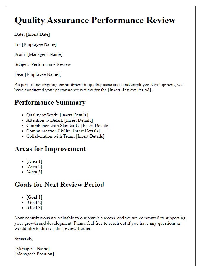 Letter template of quality assurance performance review for employees.