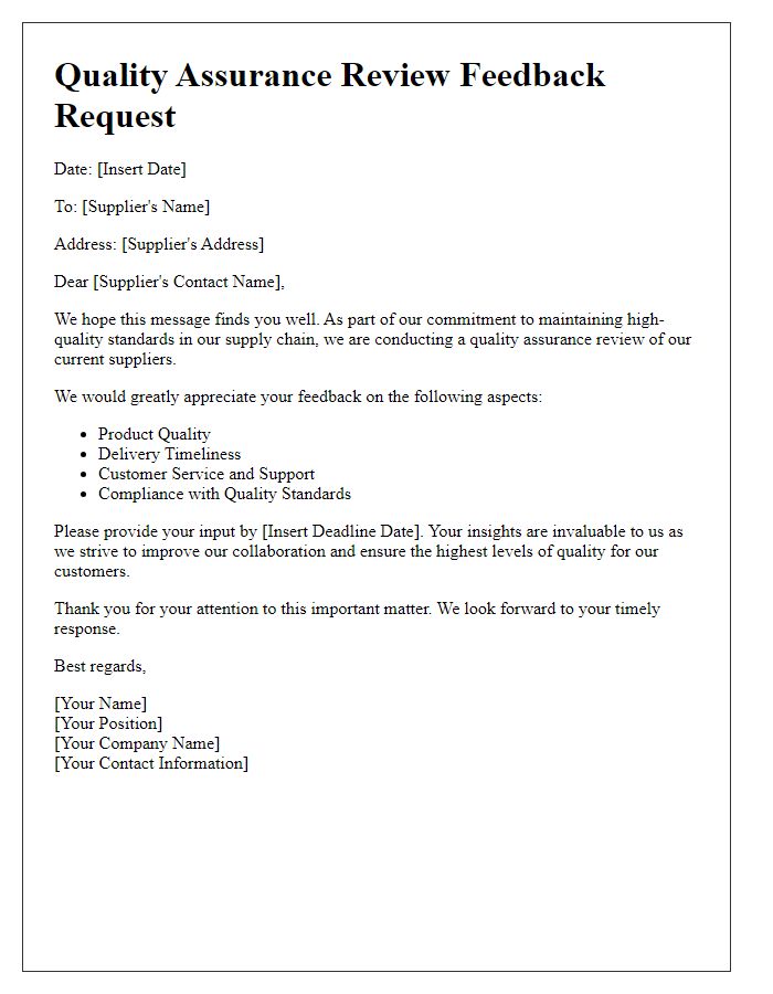 Letter template of quality assurance review feedback request for suppliers.