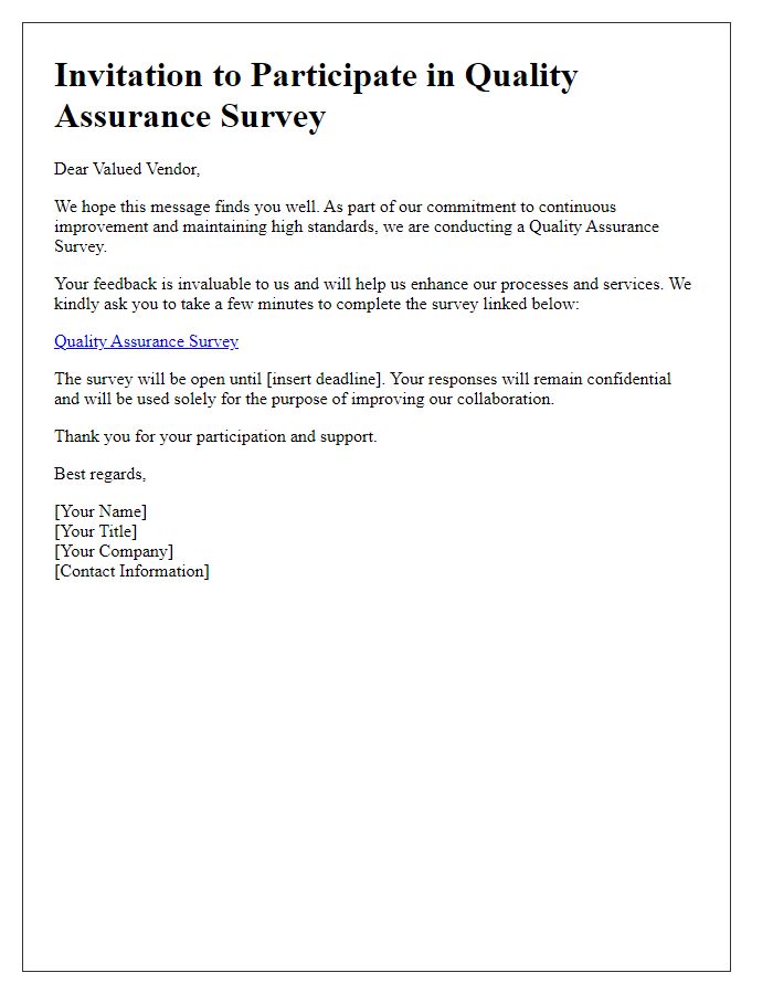 Letter template of quality assurance survey invitation for vendors.