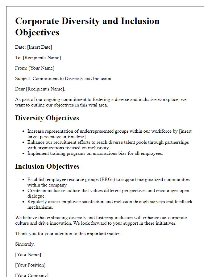 Letter template of corporate diversity and inclusion objectives