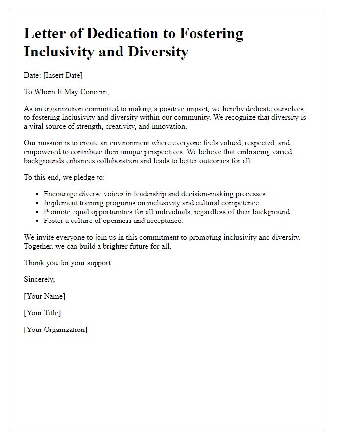 Letter template of dedication to fostering inclusivity and diversity