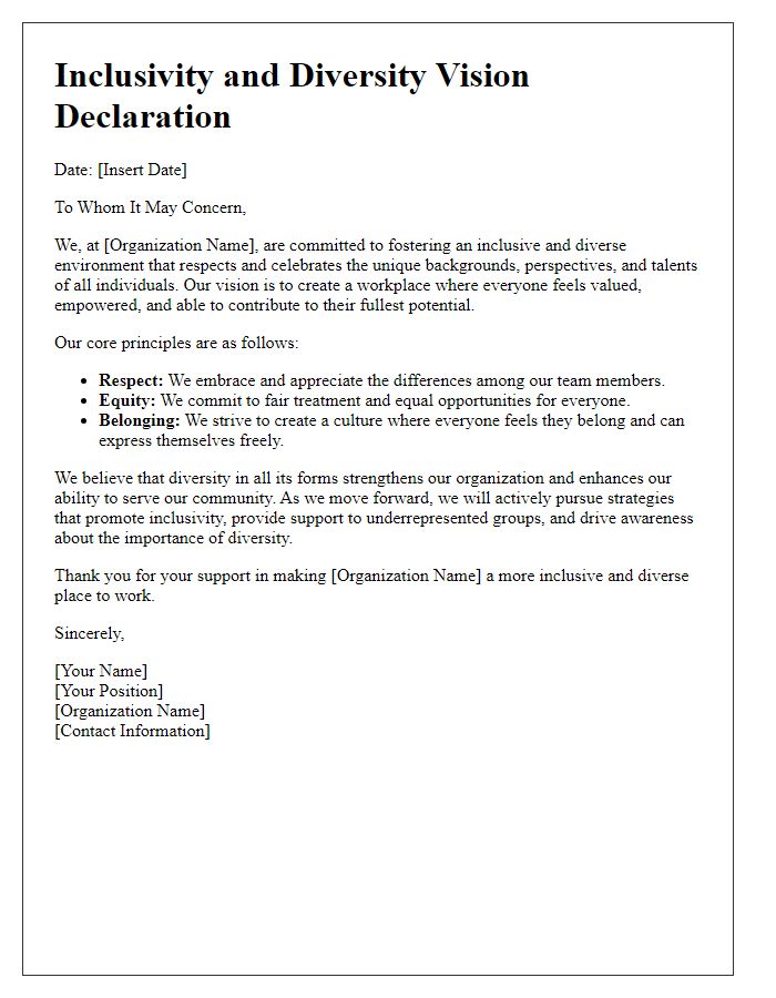 Letter template of inclusivity and diversity vision declaration