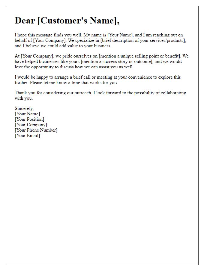 Letter template of introductory outreach for potential customers.